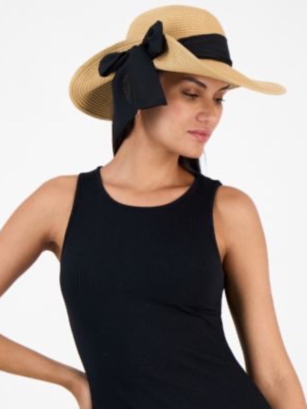 Women's Wide Brim Straw Sun Hat with Black Ribbon Accent